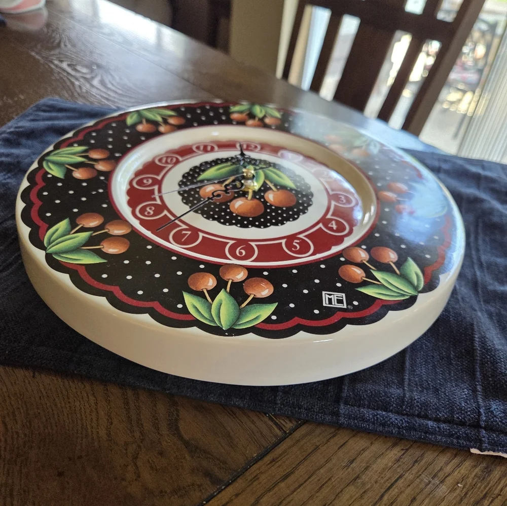 Mary Engelbreit Cherries Ceramic Clock With Brand New Clock Mechanism
